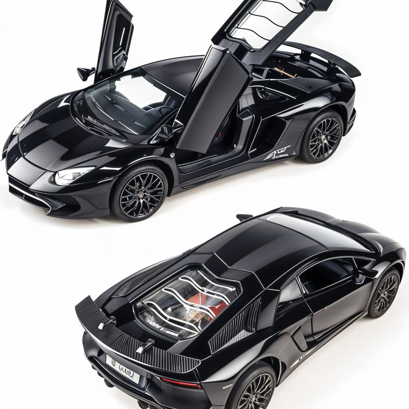 Black toy car with open doors on a white background