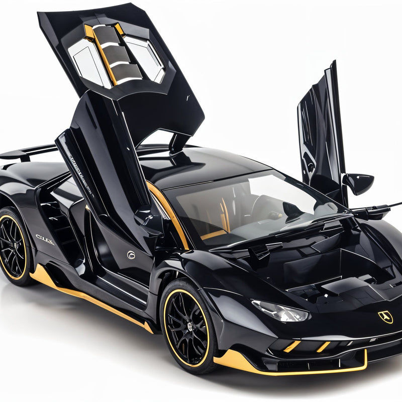 Black sports car with open doors on a white background