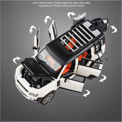 Model car with open doors and hood on a gray background
