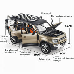 Model car with open doors and hood, showing features and dimensions on a white background