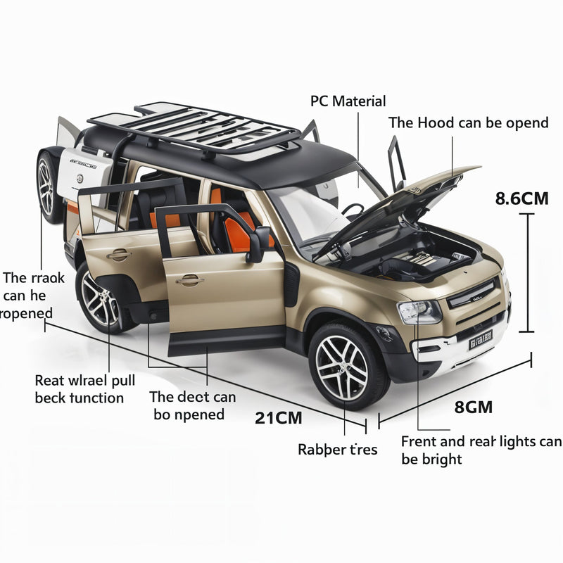 Model car with open doors and hood, showing features and dimensions on a white background