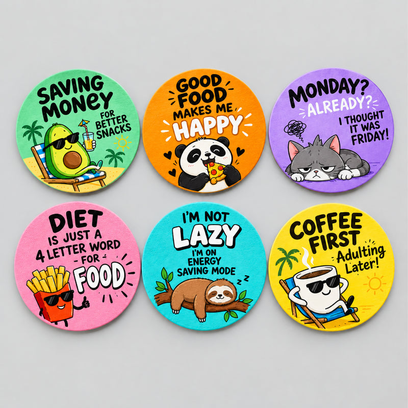 Todfod Funny Quotes MDF Coasters Set of 6 | 4 Inch Round Coffee and Tea Cup Coasters | Colourful Cartoon Humour Printed Table Coasters for Home and Office