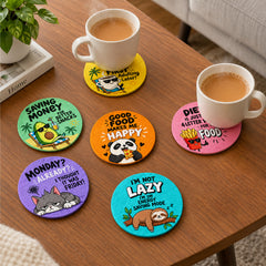 Todfod Funny Quotes MDF Coasters Set of 6 | 4 Inch Round Coffee and Tea Cup Coasters | Colourful Cartoon Humour Printed Table Coasters for Home and Office