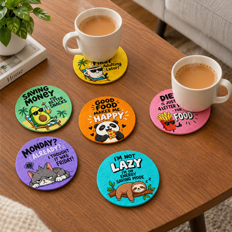 Todfod Funny Quotes MDF Coasters Set of 6 | 4 Inch Round Coffee and Tea Cup Coasters | Colourful Cartoon Humour Printed Table Coasters for Home and Office