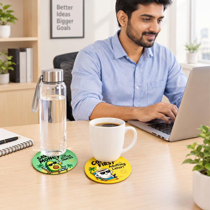 Todfod Funny Quotes MDF Coasters Set of 6 | 4 Inch Round Coffee and Tea Cup Coasters | Colourful Cartoon Humour Printed Table Coasters for Home and Office