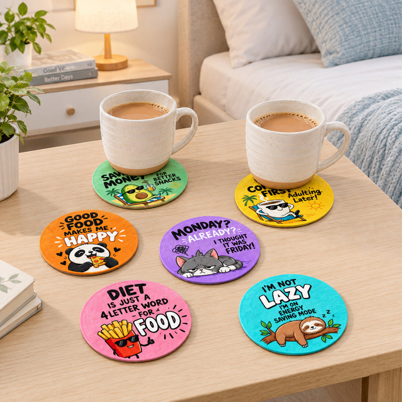 Todfod Funny Quotes MDF Coasters Set of 6 | 4 Inch Round Coffee and Tea Cup Coasters | Colourful Cartoon Humour Printed Table Coasters for Home and Office