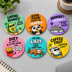 Todfod Funny Quotes MDF Coasters Set of 6 | 4 Inch Round Coffee and Tea Cup Coasters | Colourful Cartoon Humour Printed Table Coasters for Home and Office