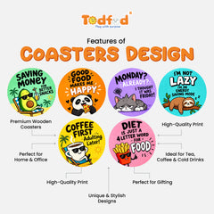 Todfod Funny Quotes MDF Coasters Set of 6 | 4 Inch Round Coffee and Tea Cup Coasters | Colourful Cartoon Humour Printed Table Coasters for Home and Office