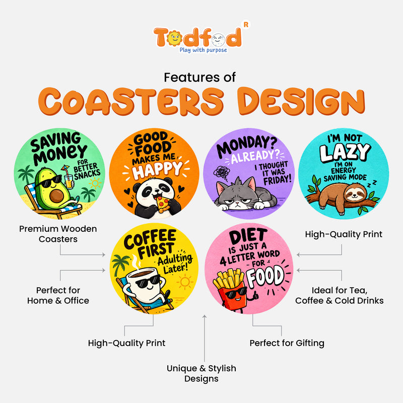 Todfod Funny Quotes MDF Coasters Set of 6 | 4 Inch Round Coffee and Tea Cup Coasters | Colourful Cartoon Humour Printed Table Coasters for Home and Office