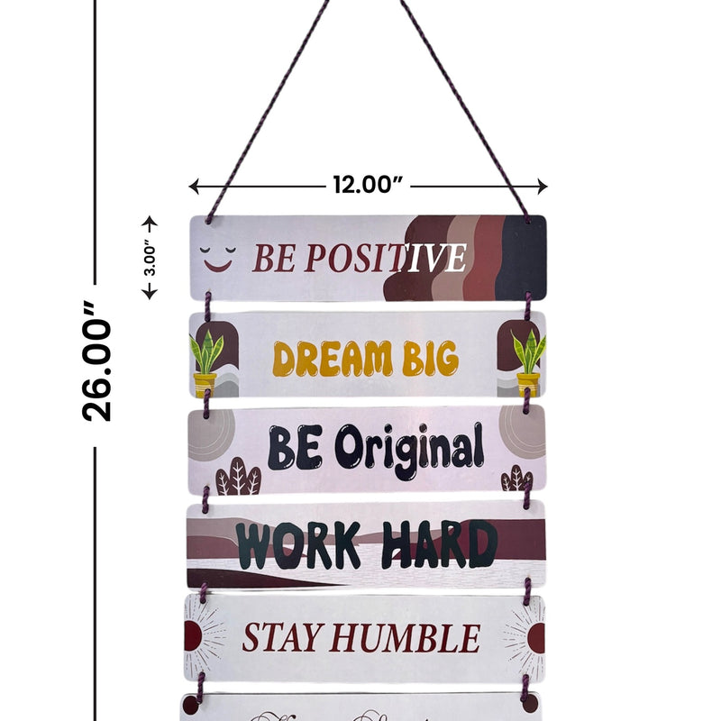 Motivational sign with inspirational quotes and dimensions on a white background