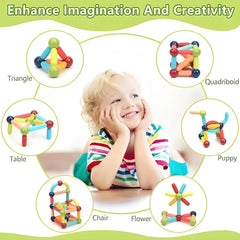 Child playing with colorful building toys, surrounded by examples of shapes they can create.