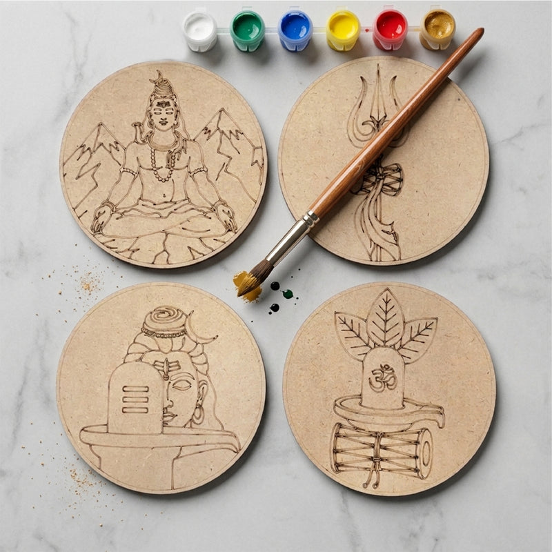 TodFod Mahadev DIY Coaster Set of 4 | 4 Inch Engraved Wooden Paint-Your-Own Om & Trishul Art Coasters