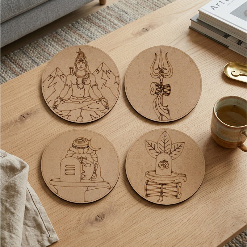 TodFod Mahadev DIY Coaster Set of 4 | 4 Inch Engraved Wooden Paint-Your-Own Om & Trishul Art Coasters