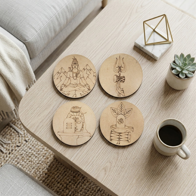 TodFod Mahadev DIY Coaster Set of 4 | 4 Inch Engraved Wooden Paint-Your-Own Om & Trishul Art Coasters