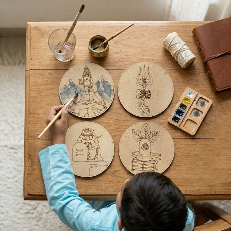 TodFod Mahadev DIY Coaster Set of 4 | 4 Inch Engraved Wooden Paint-Your-Own Om & Trishul Art Coasters