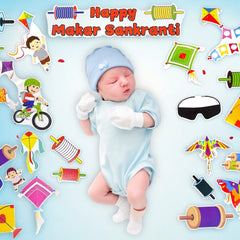 Baby in blue outfit surrounded by colorful toys and decorations with 'Happy Makar Sankranti' text on a light blue background.