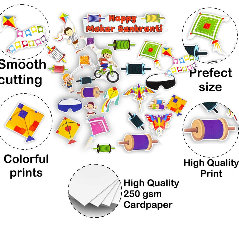 Promotional graphic for 'Happy Makar Sankranti' with various kite designs and text highlighting features.