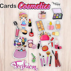 Set of cartoon-style cosmetic and fashion stickers on a wooden surface with 'Cosmetics' and 'Fashion' text.