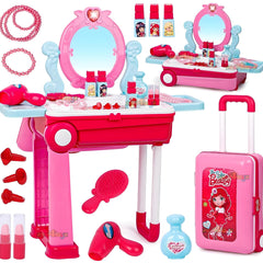 Todfod Beauty Makeup Kit for Doll Girls Cosmetic Set 2 in 1 Vanity Table Portable Trolley Pretend Play Set Toy with Make up Accessories for Kids Plastic (Pink) 21 Pieces