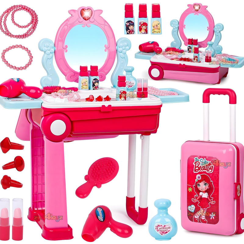 Todfod Beauty Makeup Kit for Doll Girls Cosmetic Set 2 in 1 Vanity Table Portable Trolley Pretend Play Set Toy with Make up Accessories for Kids Plastic (Pink) 21 Pieces