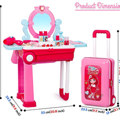 Toy vanity set with mirror, stool, and suitcase, including product dimensions.