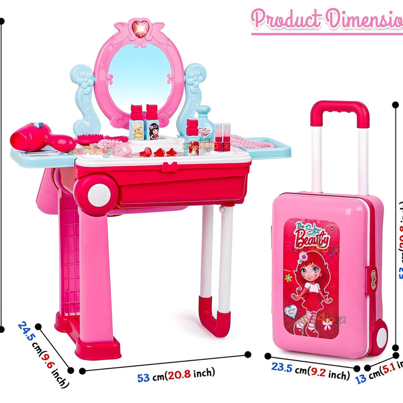 Toy vanity set with mirror, stool, and suitcase, including product dimensions.