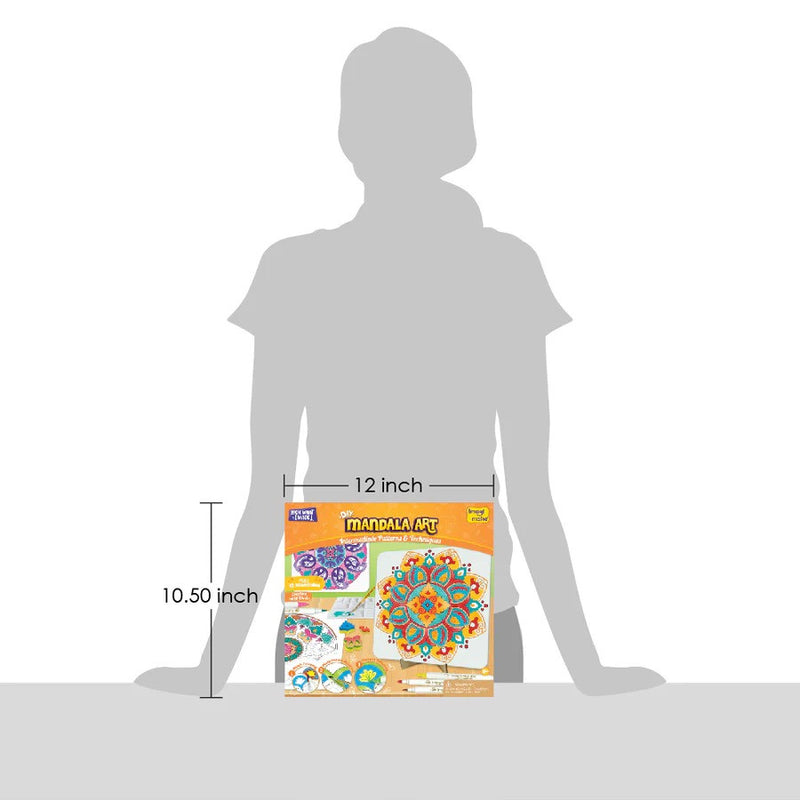 Mandala Art Kit packaging with a silhouette of a person and dimensions displayed