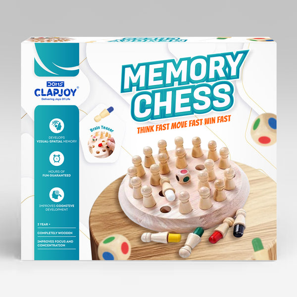 Doms Clapsjoy Memory Chess Wooden Board Game for Kids | 3-in-1 Memory & Matching Game | 24 Wooden Game Pieces with Colour Dice | Brain Teaser Game for Kids Age 3+ | Family Indoor Game