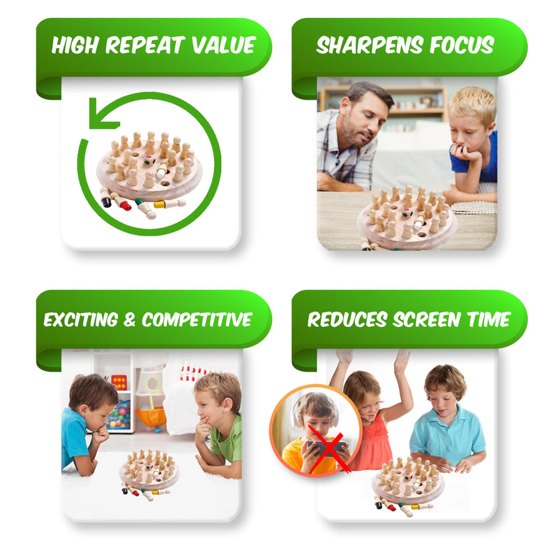 Doms Clapsjoy Memory Chess Wooden Board Game for Kids | 3-in-1 Memory & Matching Game | 24 Wooden Game Pieces with Colour Dice | Brain Teaser Game for Kids Age 3+ | Family Indoor Game