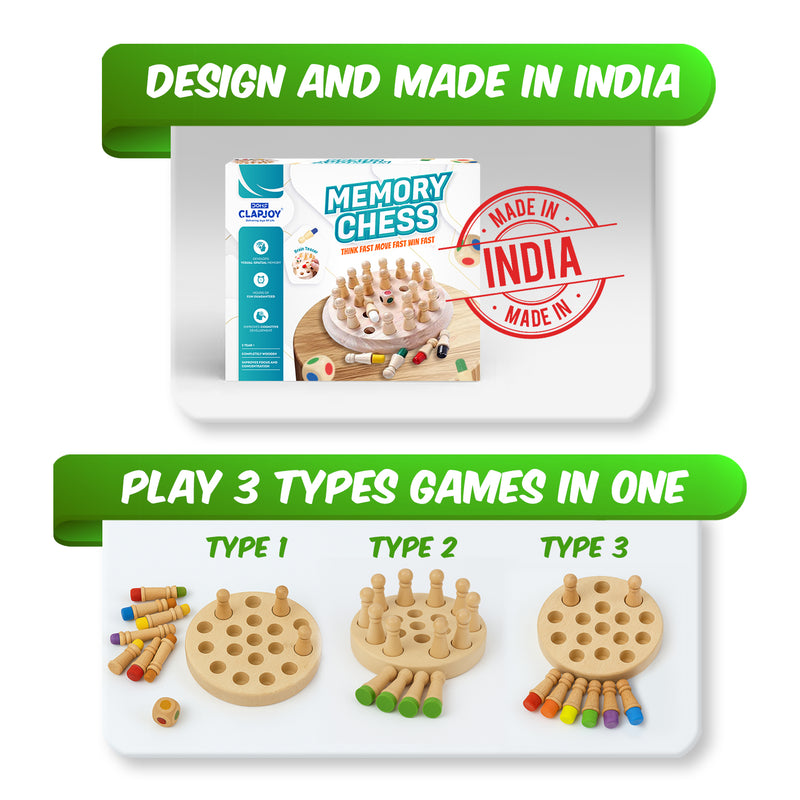 Doms Clapsjoy Memory Chess Wooden Board Game for Kids | 3-in-1 Memory & Matching Game | 24 Wooden Game Pieces with Colour Dice | Brain Teaser Game for Kids Age 3+ | Family Indoor Game