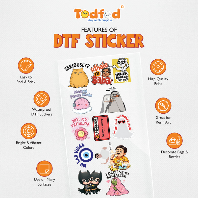 Todfod Funny Meme DTF Transfer Sticker Sheet | 4x11 Inch Premium Heat Transfer Film for T-Shirts, Hoodies, Bags & DIY Fabric Printing