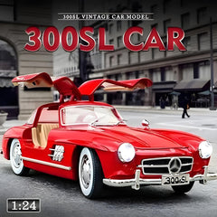 Red vintage car model with open doors on a city street background