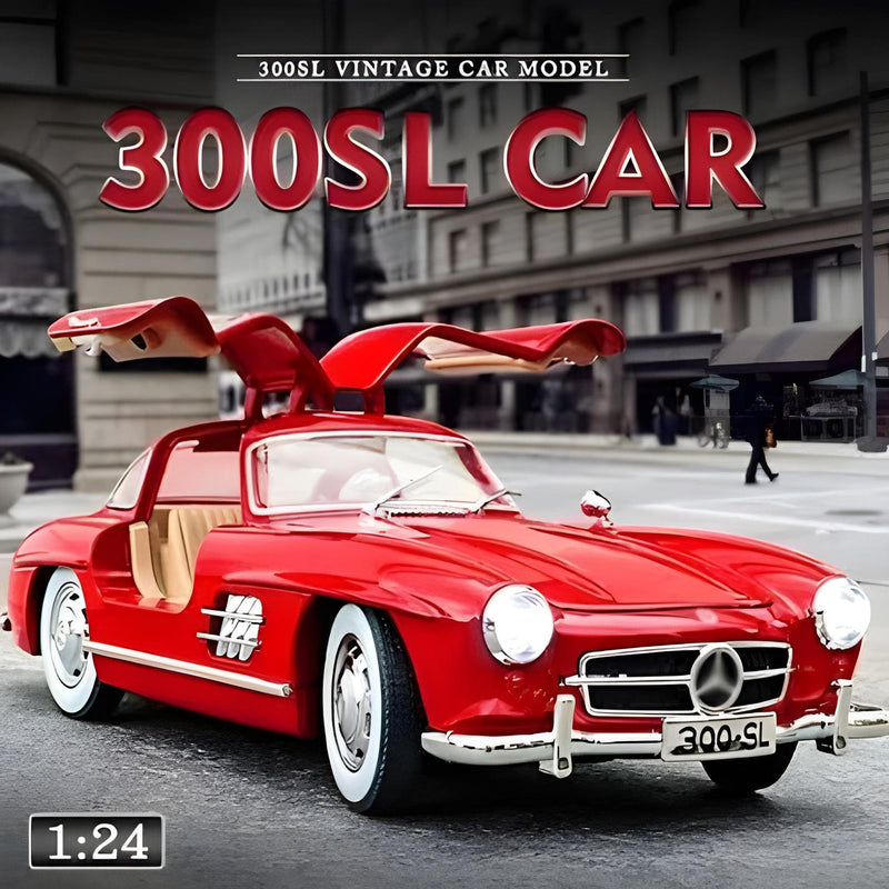 Red vintage car model with open doors on a city street background