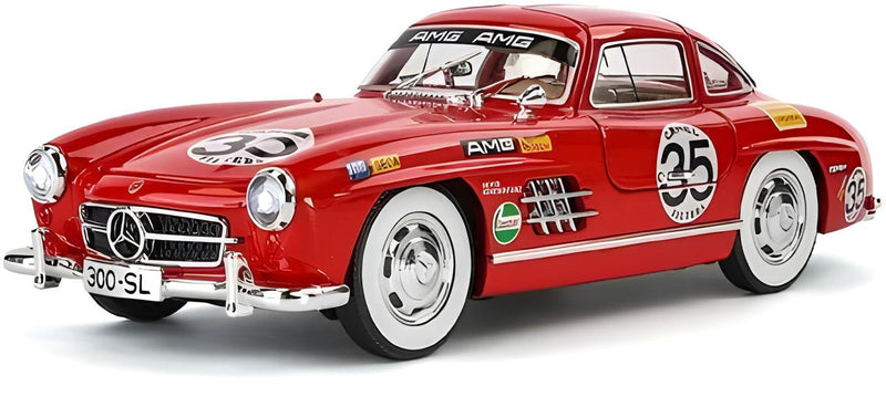 Red vintage car model with racing decals on a white background