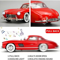 Red toy car with features highlighted on a gray background