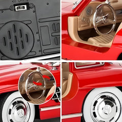 Close-up details of a red toy car including interior, engine, steering wheel, and wheels.