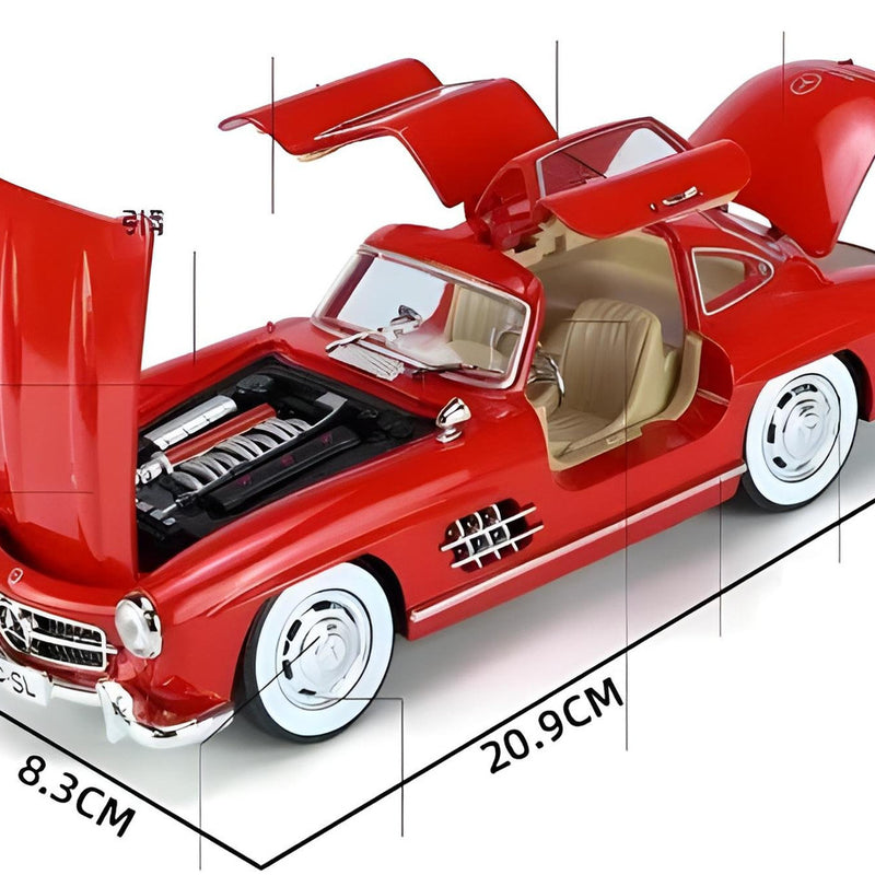 Red model car with open doors and detailed interior, shown with measurements on a white background.