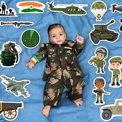Baby in camouflage outfit surrounded by military-themed stickers on a blue background