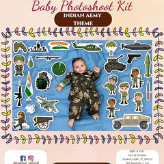Baby photoshoot kit with Indian Army theme featuring a baby in camouflage outfit and various props.