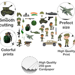 Collection of military-themed stickers with text highlighting features on a white background