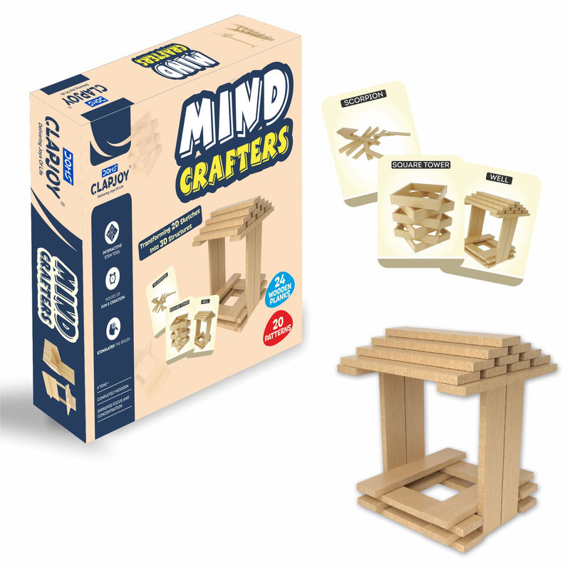 Doms Clapsjoy Mind Crafters Wooden Building Blocks for Kids | 24 Wooden Planks with 20 Patterns | 3D Construction STEM Learning Toy | Creative Building & Problem Solving Game | Kids Age 4+
