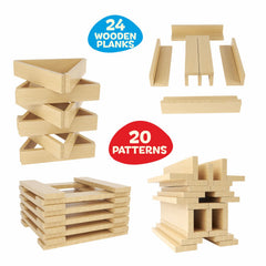 Doms Clapsjoy Mind Crafters Wooden Building Blocks for Kids | 24 Wooden Planks with 20 Patterns | 3D Construction STEM Learning Toy | Creative Building & Problem Solving Game | Kids Age 4+