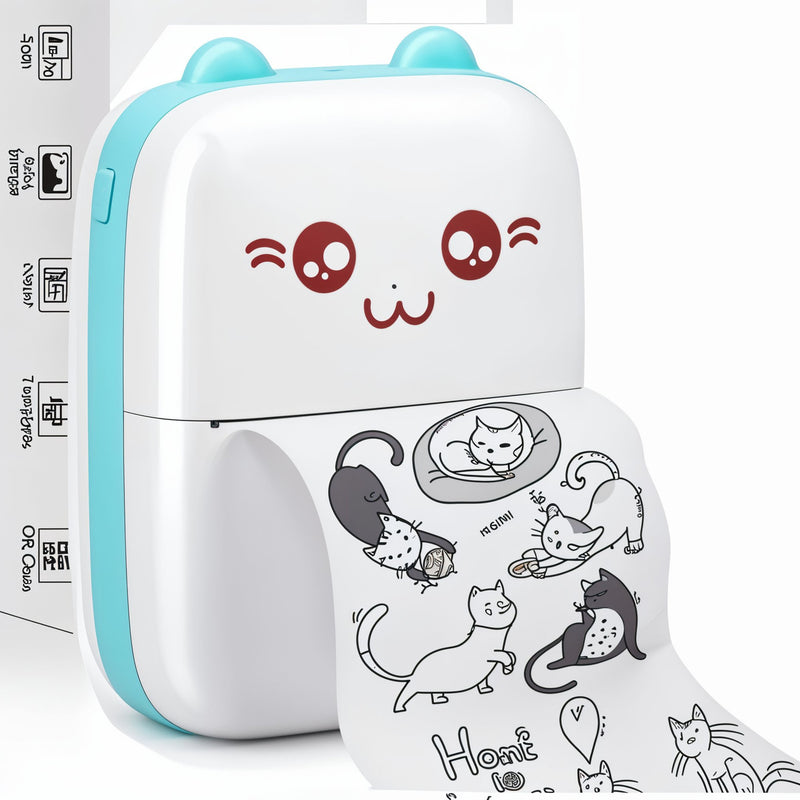 Small printer with cartoon design and cat illustrations on a white background