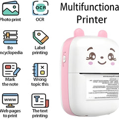 Multifunctional printer with cartoon face design and icons indicating its features.