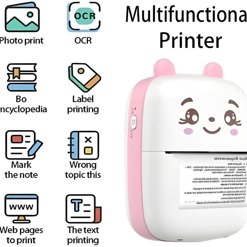 Multifunctional printer with cartoon face design and icons indicating its features.