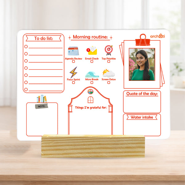 Smaran Morning Routine Desk Planner Board | Daily Schedule & To Do List Organizer | 7.75x5.59 Inch Wooden Stand Whiteboard for Home Office Productivity & Gift