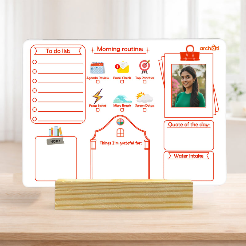 Smaran Morning Routine Desk Planner Board | Daily Schedule & To Do List Organizer | 7.75x5.59 Inch Wooden Stand Whiteboard for Home Office Productivity & Gift