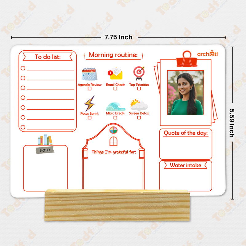 Smaran Morning Routine Desk Planner Board | Daily Schedule & To Do List Organizer | 7.75x5.59 Inch Wooden Stand Whiteboard for Home Office Productivity & Gift