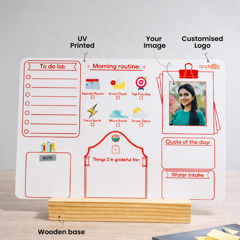 Smaran Morning Routine Desk Planner Board | Daily Schedule & To Do List Organizer | 7.75x5.59 Inch Wooden Stand Whiteboard for Home Office Productivity & Gift