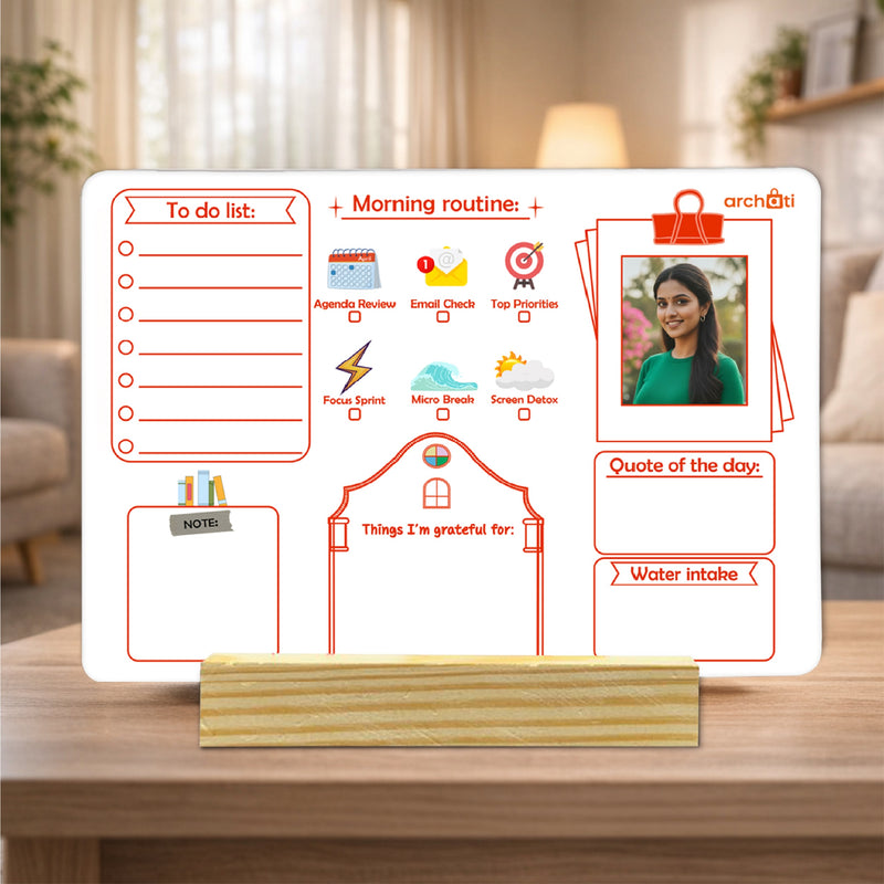 Smaran Morning Routine Desk Planner Board | Daily Schedule & To Do List Organizer | 7.75x5.59 Inch Wooden Stand Whiteboard for Home Office Productivity & Gift